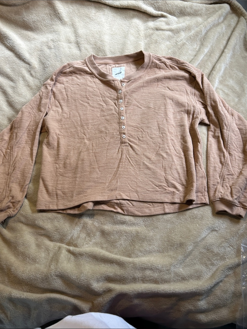 Aerie Waffle Knit Button Henley Top in Light Brown